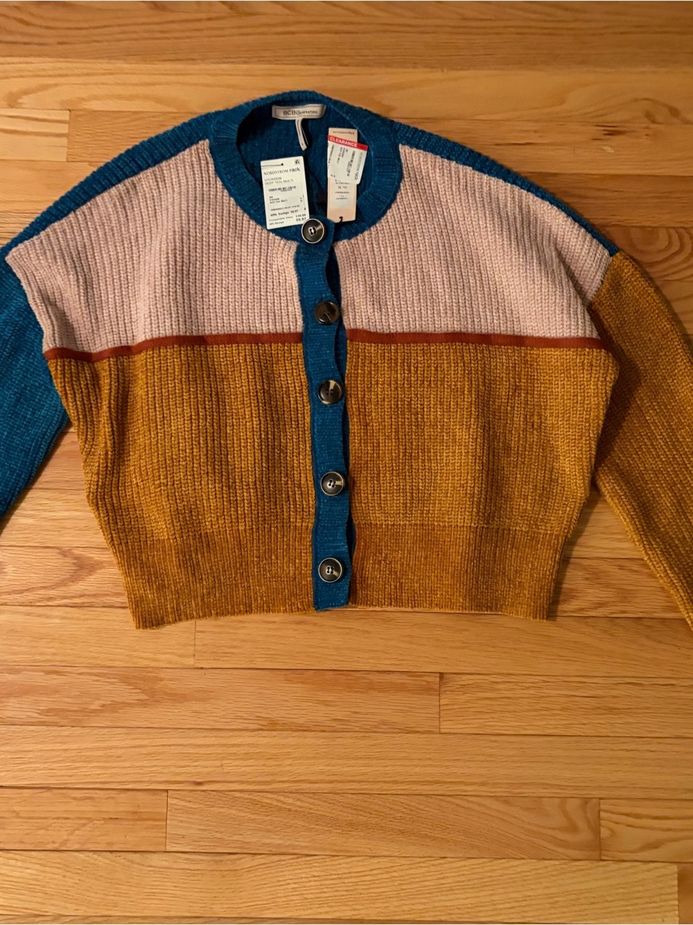 Colorblock Button-Front Cardigan Sweater - Teal, Pink & Mustard